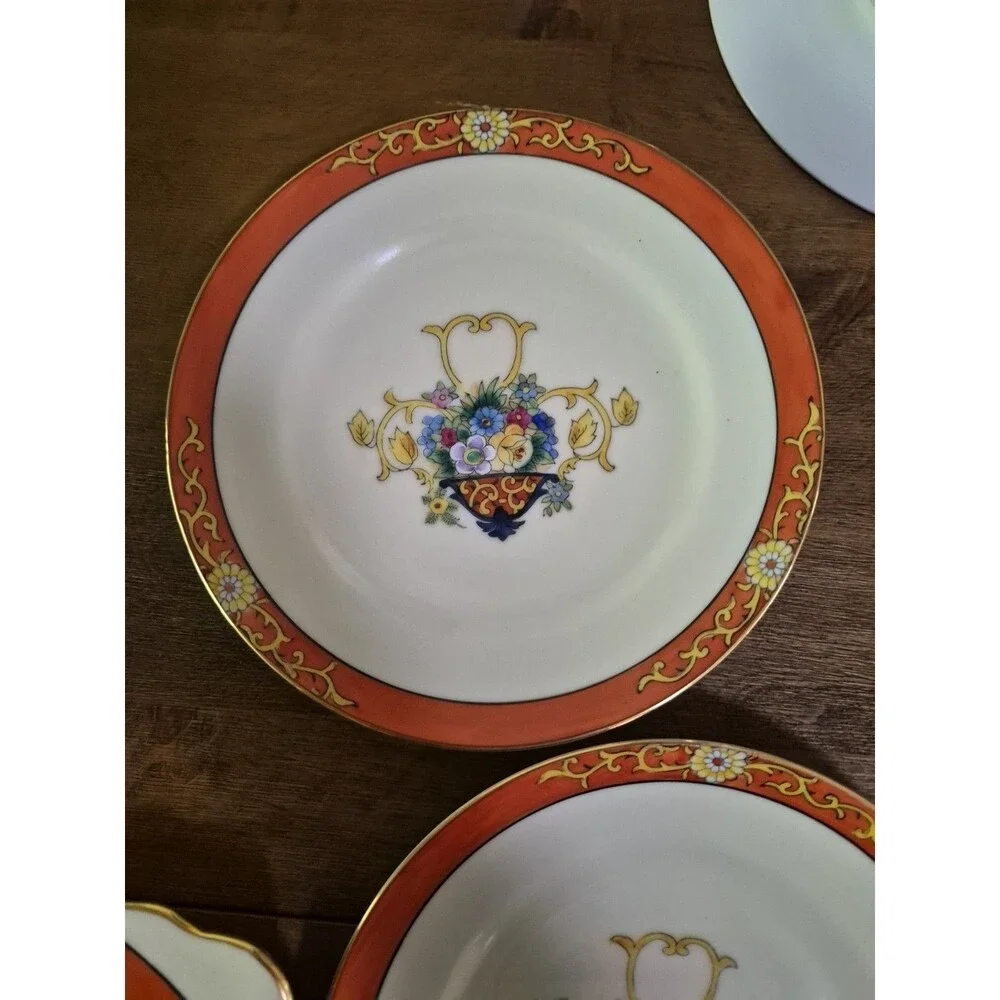 Early Noritake Hand-painted China Cake Service With 6 Cake Plates